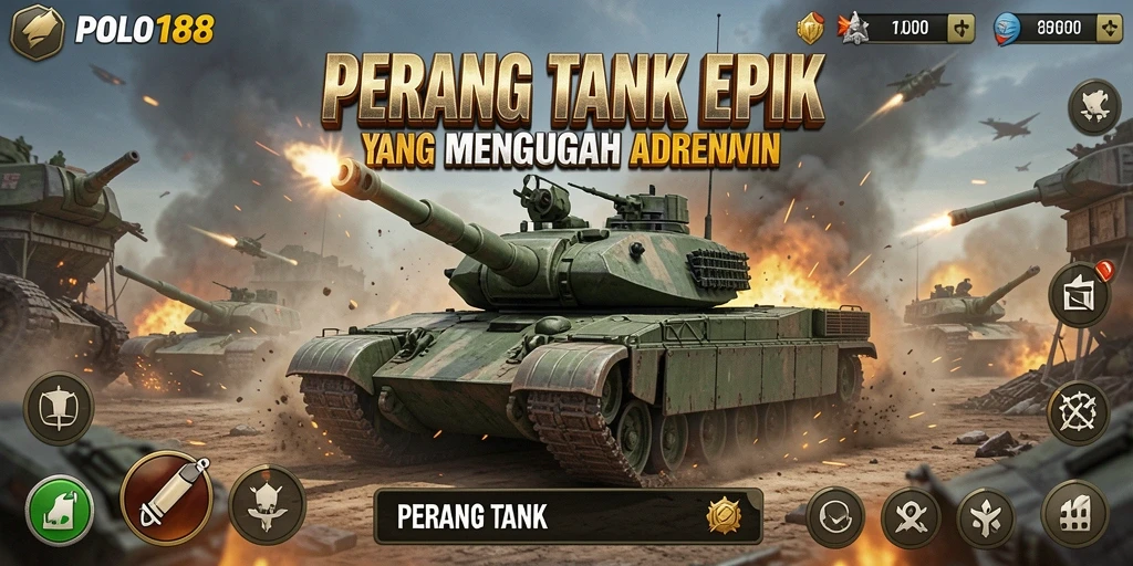 Screenshot utama POLO188 menunjukkan aksi seru di medan perang tank.